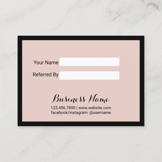 Moderner Schwarzer Rahmen Rosa Schönheitssalon Empfehlungskarte (Rückseite)