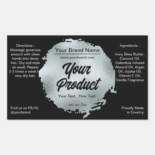 Moderner Schwarzer Silberfilm Glamour Luxus Custom Rechteckiger Aufkleber (Vorderseite)