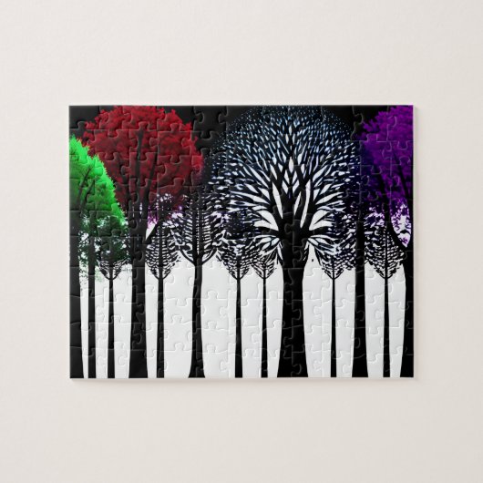 Moderner Schwarzer Silhouette-Wald mit Farbe Puzzle (Horizontal)