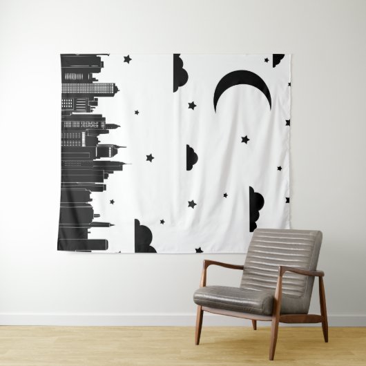 Moderner schwarzer u. weißer Stadtbild-nächtlicher Wandteppich (Beispiel (Horizontal))