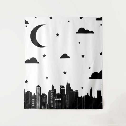 Moderner schwarzer u. weißer Stadtbild-nächtlicher Wandteppich (Vorderseite)