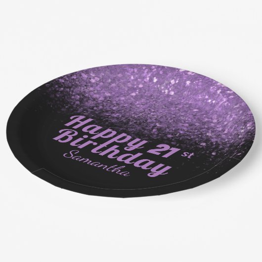 Moderner Schwarzer und Lila Glitzer Sparkle 21 Geb Pappteller (Schrägansicht)