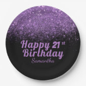 Moderner Schwarzer und Lila Glitzer Sparkle 21 Geb Pappteller (Vorderseite)