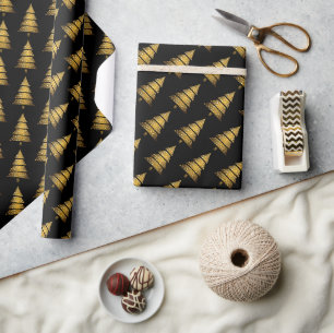 Moderner schwarzer Weihnachtsbaum mit goldenem Dek Geschenkpapier