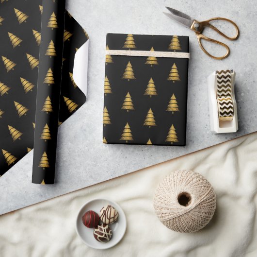 Moderner Schwarzer Weihnachtsbaum mit goldenem Sch Geschenkpapier (Kunsthandwerk)