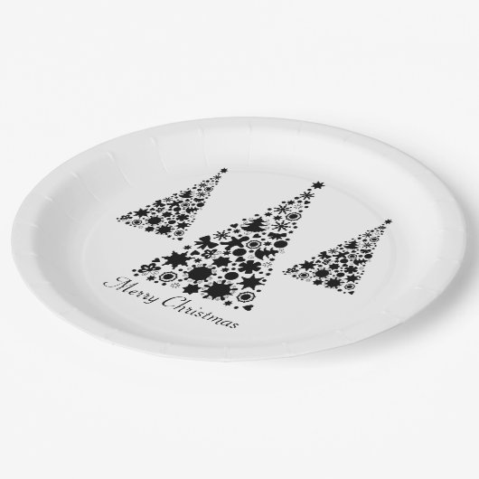 Moderner Schwarzer Weihnachtsbaum Pappteller (Schrägansicht)
