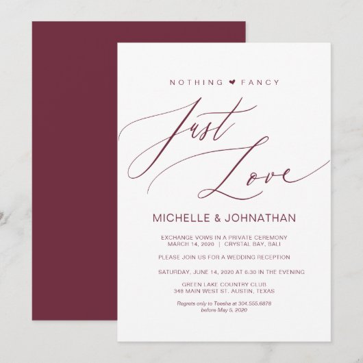 Moderner Script Burgundy Wedding Elopement Empfang Einladung (Vorne/Hinten)