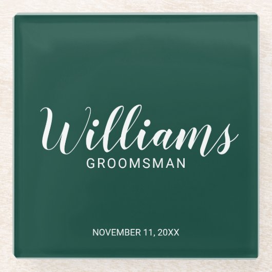 Moderner Script Emerald Green Personalisiert Trauz Glasuntersetzer (Vorderseite)
