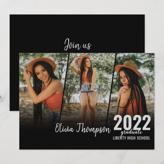 Moderner Script Foto Collage Black Abschluss Einladung (Vorne/Hinten)