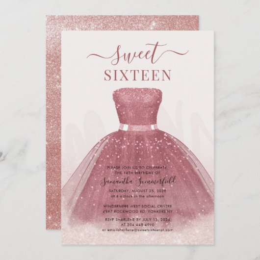 Moderner Script Glitzer Sweet 16 Rose Gold Einladung (Vorne/Hinten)