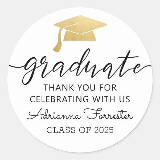 Moderner Script Gold Graduate Hat | Vielen Dank Runder Aufkleber (Vorderseite)