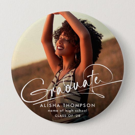 Moderner Script Graduate Foto Abschluss Button (Vorderseite)