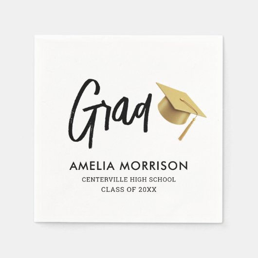 Moderner Script Graduate Gold Cap Abschluss Serviette (Vorderseite)