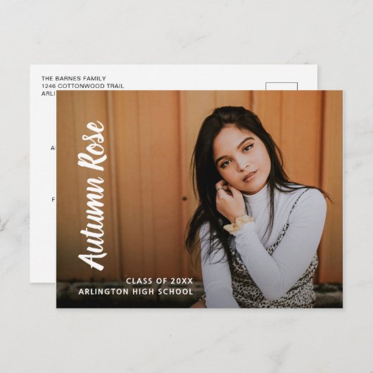 Moderner Script Name Foto Collage Girl Abschluss Ankündigungspostkarte (Vorne/Hinten)
