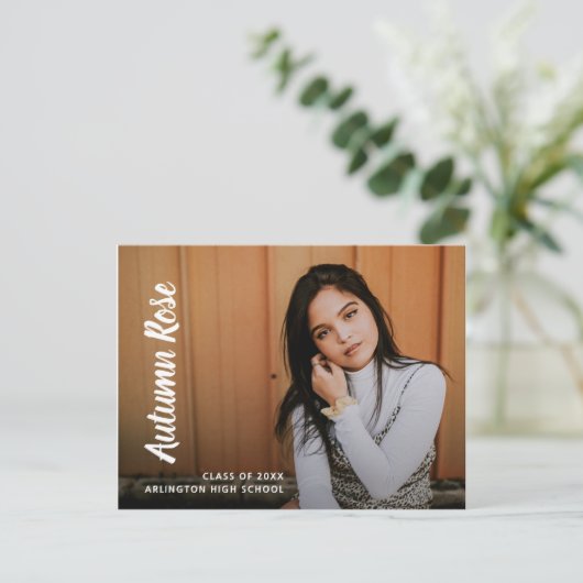 Moderner Script Name Foto Collage Girl Abschluss Ankündigungspostkarte (Stehend Vorderseite)