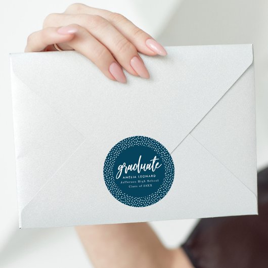 Moderner Script Navy Blue Abschluss Runder Aufkleber