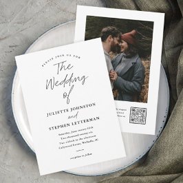 Moderner Script Schwarz und Weiß QR Code Hochzeit Einladung