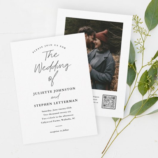 Moderner Script Schwarz und Weiß QR Code Hochzeit Einladung