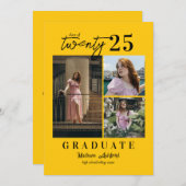 Moderner Script Yellow 3 Foto Collage Abschluss Ankündigung (Vorne/Hinten)