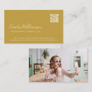 Moderner Senfgelb-Script-Foto-QR-Code-Trend Visitenkarte