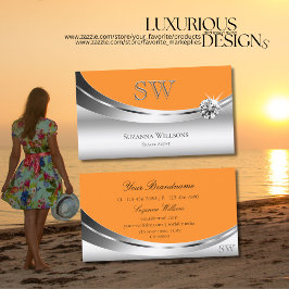 Moderner Silber Orange mit Monogram Sparkle Diamon Visitenkarte