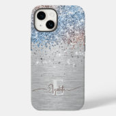 Moderner Silberbrushmetall Rose Gold Blue Glitzer Case-Mate iPhone Hülle (Rückseite)