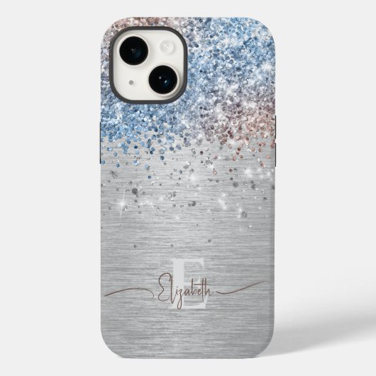 Moderner Silberbrushmetall Rose Gold Blue Glitzer Case-Mate iPhone Hülle (Rückseite)
