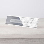 Moderner silberfarbener weißer Marmor Schreibtischnamensplakette (Vorderseite )