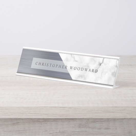Moderner silberfarbener weißer Marmor Schreibtischnamensplakette (Vorderseite )