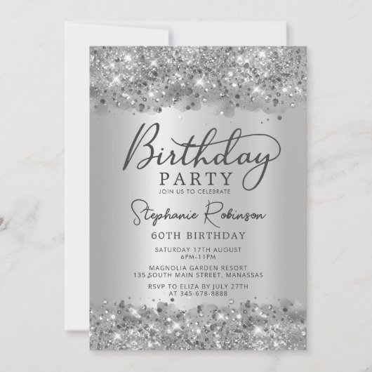 Moderner Silbermetall-Glitzer 60. Geburtstag Einladung (Vorderseite)