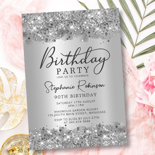 Moderner Silbermetall-Glitzer 90. Geburtstag Einladung