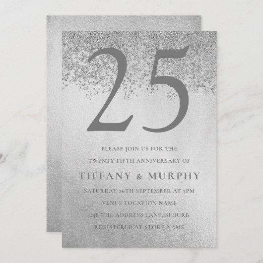 Moderner Silberner Glitzer 25. Hochzeitstag Einladung (Vorne/Hinten)