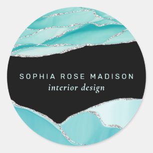 Moderner Silberner Glitzer Agate Aquamarine Farbe  Runder Aufkleber