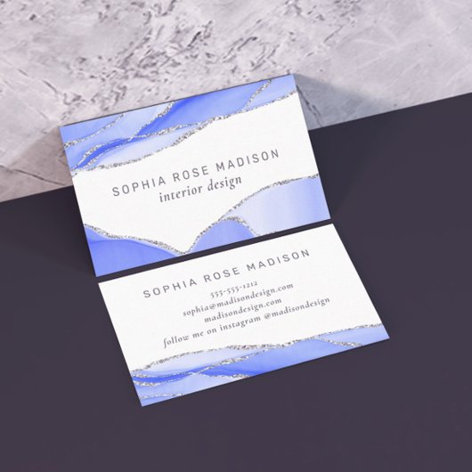 Moderner Silberner Glitzer Agate Blue Visitenkarte