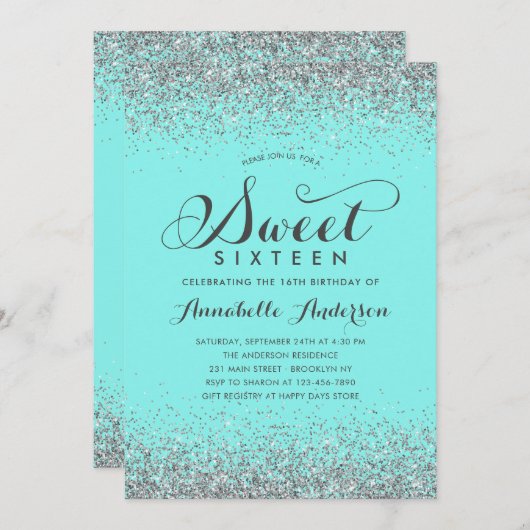 Moderner Silberner Glitzer Aquamarin Girly Sweet 1 Einladung (Vorne/Hinten)
