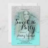 Moderner silberner Glitzer aquamarines Aqua-Foto S Einladung (Vorderseite)