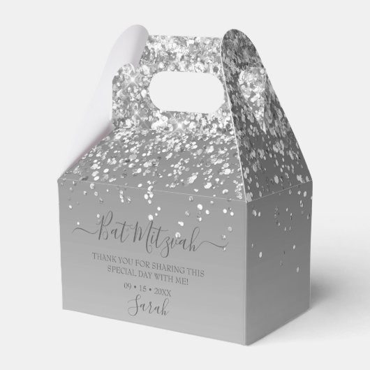 Moderner Silberner Glitzer Bat Mitzvah Geschenkschachtel (Vorderseite)