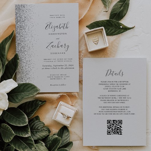 Moderner Silberner Glitzer Blassgrauer QR-Code Hoc Einladung