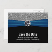 Moderner Silberner Glitzer Blauer Band Save the Da Ankündigungspostkarte (Vorne/Hinten)