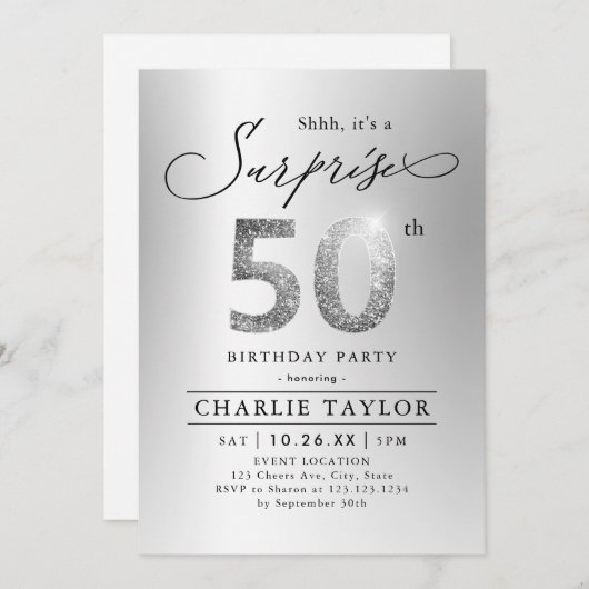 Moderner silberner Glitzer Erwachsener überrascht  Einladung (Vorne/Hinten)