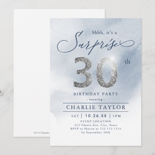 Moderner silberner Glitzer Erwachsener Überraschun Einladung (Vorne/Hinten)