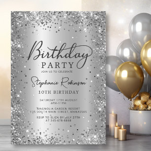 Moderner Silberner Glitzer Metallic Foil 10. Gebur Einladung