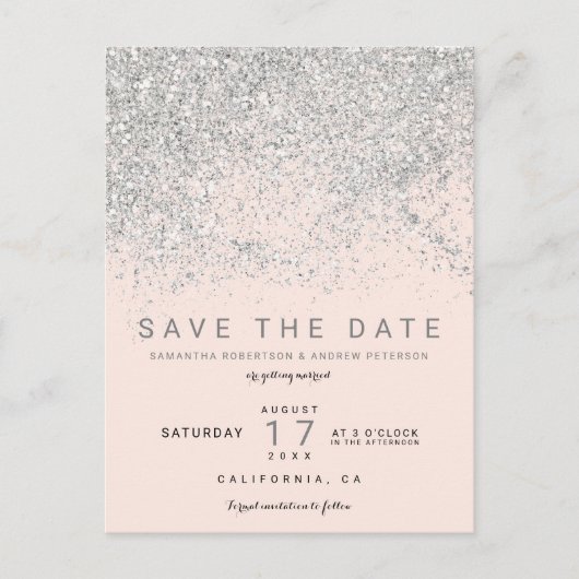 Moderner silberner Glitzer rot Save the Date Ankündigungspostkarte (Vorderseite)