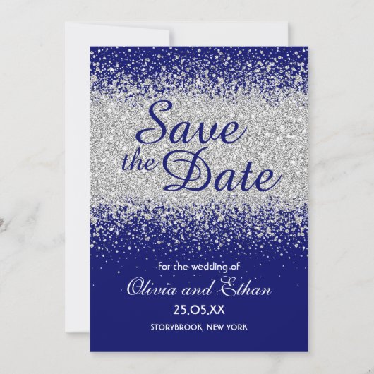 Moderner Silberner Glitzer und Royal Blue Save The Date (Vorderseite)