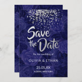 Moderner Silberner Glitzer zu Royal Blue Rose Save The Date (Vorne/Hinten)