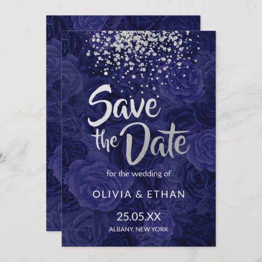 Moderner Silberner Glitzer zu Royal Blue Rose Save The Date (Vorne/Hinten)