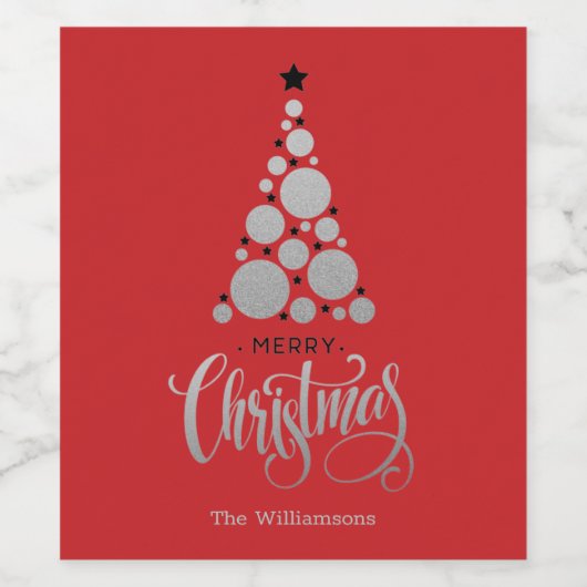 Moderner Silberweihnachtsbaum auf Rot Weinetikett (Einzelnes Label)