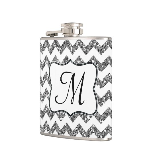 Moderner Silv Glitzer Zickzack Monogram Whiskey Fl Flachmann (Links)