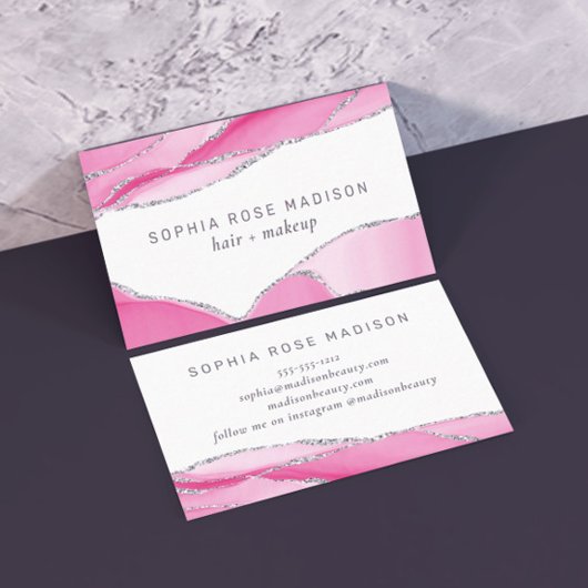 Moderner Silver Glitzer Agate Pink Watercolor Visitenkarte