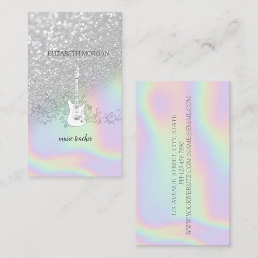Moderner Silver Glitzer Bokeh, Gitarre, Holografie Visitenkarte (Vorne/Hinten)